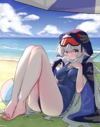 Rule 34 | 1girl, absurdres, arknights, beach, beach umbrella, blue eyes, blush, breasts, chinese commentary, cloud, commentary request, feet, gaoling gangqin, goggles, goggles on head, grey hair, highres, hood, long hair, looking at viewer, medium breasts, mulberry (arknights), ocean, one-piece swimsuit, pointy ears, smile, solo, swimsuit, umbrella, very long hair, water