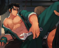 Rule 34 | 2boys, bara, belt, black hair, bulge, bulge to ass, closed mouth, collarbone, f jun, fingerless gloves, gloves, goggles, goggles on head, green gloves, highres, indoors, jumpsuit, looking to the side, male focus, mechanic, midriff, multiple boys, muscular, navel, nipples, off shoulder, original, pants, pectorals, sideburns, solo focus, spread legs, stomach, suspenders, sweat, tire, unzipped, yaoi