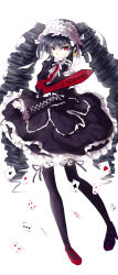 Rule 34 | 1girl, black hair, bonnet, card, celestia ludenberg, danganronpa: trigger happy havoc, danganronpa (series), drill hair, earrings, frills, full body, gothic lolita, high heels, hizaka, jewelry, lolita fashion, long hair, long sleeves, looking at viewer, necktie, playing card, print necktie, red eyes, red footwear, red necktie, smile, solo, twin drills, twintails