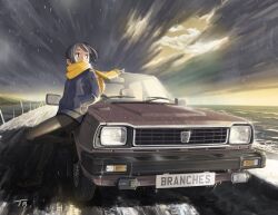 Rule 34 | 1girl, black eyes, black hair, black skirt, blue jacket, boots, car, cloud, cloudy sky, commentary, commentary request, hands in pockets, jacket, jettoburikku, leaning back, looking to the side, motor vehicle, original, outdoors, pantyhose, rain, scarf, short hair, skirt, sky, triumph (car), triumph acclaim, union jack, vehicle focus, wet