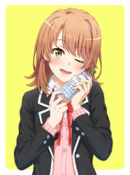 Rule 34 | 1girl, ;d, blazer, border, bottle, brown hair, cardigan, closed eyes, highres, holding, holding bottle, isshiki iroha, jacket, long hair, long sleeves, looking at viewer, neck ribbon, nonoa-cg, one eye closed, open clothes, open jacket, open mouth, outside border, pink cardigan, red ribbon, ribbon, smile, solo, upper body, water bottle, white border, wing collar, yahari ore no seishun lovecome wa machigatteiru., yellow background