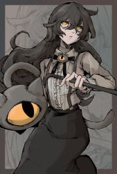 Rule 34 | 1girl, black hair, black ribbon, black skirt, cat, collared shirt, commission, cowboy shot, crowbar, grimmi (vtuber), hair between eyes, highres, holding, holding crowbar, indie virtual youtuber, long hair, long skirt, looking up, messy hair, muted color, one-eyed, outside border, parted lips, ribbon, second-party source, shiro iku, shirt, skelter (grimmivt), skirt, standing, suspenders, tail, white shirt, yellow eyes, zoom layer