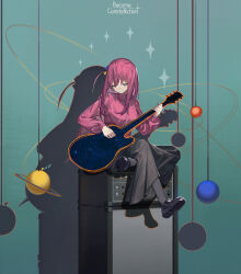 Rule 34 | 1girl, absurdres, black footwear, black skirt, bocchi the rock!, breasts, closed mouth, commentary request, cube hair ornament, electric guitar, english text, gotoh hitori, grey pantyhose, guitar, hair between eyes, hair ornament, half-closed eyes, highres, holding, holding instrument, instrument, jacket, loafers, long hair, long sleeves, medium breasts, mo ying yu, one side up, pantyhose, pink hair, pink jacket, planet, planetary ring, plectrum, puffy long sleeves, puffy sleeves, purple eyes, shoes, sitting, skirt, smile, solo, space, star (sky), track jacket, very long hair