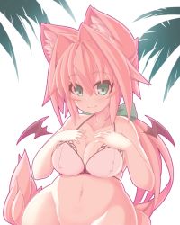 Rule 34 | 1girl, animal ears, blush, grabbing another&#039;s breast, breasts, cleavage, curvy, grabbing, green eyes, hair intakes, large breasts, long hair, navel, original, pink hair, ponytail, rikumaru, solo, souffle gamberetto, tail, underwear, very long hair, wide hips