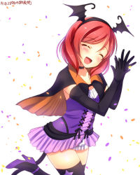 Rule 34 | 10s, 1girl, :d, ^ ^, black gloves, blush, character name, choker, closed eyes, dancing stars on me!, dated, elbow gloves, gloves, hairband, halloween, high heels, highres, love live!, love live! school idol project, nishikino maki, open mouth, red hair, short hair, simple background, skirt, smile, solo, thighhighs, yu-ta