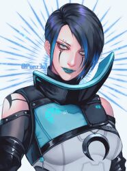 Rule 34 | 1girl, apex legends, black hair, blue eyeshadow, blue hair, blue lips, bodysuit, breasts, catalyst (apex legends), clothing cutout, crescent, eyebrow piercing, eyeshadow, grey background, grey bodysuit, grey eyes, hair behind ear, head tilt, highres, looking at viewer, makeup, multicolored hair, parted lips, piercing, portrait, short hair, shoulder cutout, shoulder tattoo, small breasts, smile, solo, streaked hair, tama (ponz3o1), tattoo