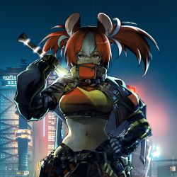 Rule 34 | 1girl, alternate costume, cyberpunk, hakos baelz, highres, hololive, hololive english, mouse girl, multicolored hair, navel, night, night sky, red hair, sky, solo, virtual youtuber, vyragami