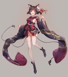 Rule 34 | 1girl, :d, animal ear fluff, animal ears, azur lane, bell, black footwear, black hair, blush, boots, breasts, cat ears, fox mask, full body, gluteal fold, highres, icomochi, japanese clothes, jingle bell, kimono, large breasts, looking at viewer, mask, mask on head, open mouth, panties, red eyes, short hair, sideboob, simple background, smile, solo, thighhighs, underwear, white panties, white thighhighs, wide sleeves, yamashiro (azur lane)