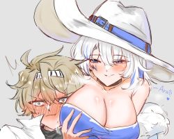 1boy 1girl alchemy_stars azure_(alchemy_stars) blue_dress blue_eyes blue_hair blush breasts brown_hair choker cleavage cowboy_hat dress facial_mark fur-trimmed_jacket fur_trim grabbing_another&#039;s_breast groping hat headband jacket multicolored_hair navigator_(alchemy_stars) white_hair yellow_eyes