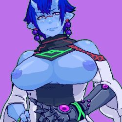 Rule 34 | 1girl, blue hair, blue skin, blush, breasts, breasts out, colored skin, colorized, earrings, gen&#039;en (sioherashi), glasses, horns, jewelry, large breasts, lowres, nipples, pointy ears, prosthesis, prosthetic arm, rimless eyewear, short hair, solo, tagme, upper body