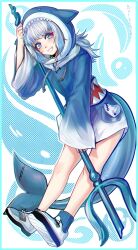 Rule 34 | 1girl, animal costume, animal hood, blue background, blue eyes, blue hair, blue socks, bulkobon, fins, fish tail, full body, gawr gura, gawr gura (1st costume), happy, highres, holding trident, hololive, hololive english, hood, leaning forward, long sleeves, looking at viewer, medium hair, multicolored hair, open mouth, shark costume, shark girl, shark hood, shark tail, shoe soles, shoes, simple background, smile, sneakers, socks, solo, streaked hair, tail, teeth, virtual youtuber, white background, white footwear, wide sleeves