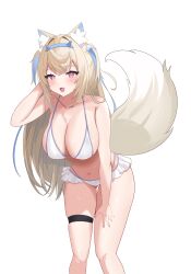 1girl absurdres animal_ear_fluff animal_ears bikini blonde_hair blue_hair blush breasts cleavage collarbone colored_inner_animal_ears commentary_request dog_ears dog_girl dog_tail fang fuwawa_abyssgard hair_ornament hand_in_own_hair highres hololive hololive_english horn_hairband large_breasts long_hair multicolored_hair nail_polish navel open_mouth pink_eyes sasaki_ikuya simple_background skin_fang solo streaked_hair swimsuit tail virtual_youtuber white_background