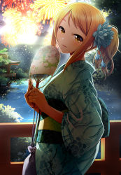 Rule 34 | 10s, 1girl, blonde hair, blush, cowboy shot, fireworks, from side, hand fan, head tilt, highres, hojo karen, holding, holding fan, idolmaster, idolmaster cinderella girls, japanese clothes, kimono, looking at viewer, mk (mod0), outdoors, own hands together, paper fan, parted lips, seigaiha, short ponytail, smile, solo, sparkle, swept bangs, uchiwa, yellow eyes, yukata