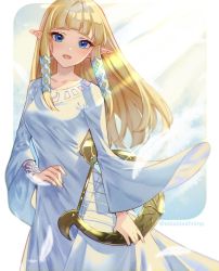 Rule 34 | 1girl, bangle, blonde hair, blue eyes, blunt bangs, blush, bracelet, breasts, collarbone, commentary, cowboy shot, dress, feathers, hair tubes, harp, highres, holding, holding instrument, instrument, jewelry, light rays, long hair, looking at viewer, lyre, medium breasts, nintendo, open mouth, outside border, pointy ears, princess zelda, shuri (84k), sidelocks, smile, solo, straight hair, the legend of zelda, the legend of zelda: skyward sword, twitter username, white dress, wide sleeves