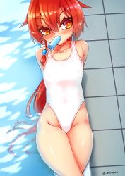 Rule 34 | 1girl, collarbone, commentary request, competition swimsuit, flat chest, food, hair ornament, highleg, highleg swimsuit, highres, long hair, looking at viewer, mikagura, mouth hold, one-piece swimsuit, original, ponytail, pool, poolside, popsicle, red eyes, red hair, sitting, solo, swimsuit, twitter username, water, white one-piece swimsuit