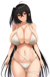 Rule 34 | 1girl, ahoge, azur lane, bikini, black hair, breasts, cleavage, collarbone, criss-cross straps, hair between eyes, highres, huge breasts, long hair, looking at viewer, minato81345, official alternate costume, one side up, red eyes, simple background, skindentation, solo, swimsuit, taihou (azur lane), taihou (seaside daydreams) (azur lane), thigh strap, very long hair, white background, white bikini