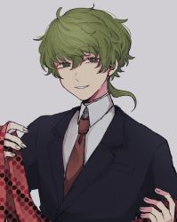 Rule 34 | 1boy, @ @, black jacket, black suit, collared shirt, fingernails, formal, green eyes, green hair, grey background, grin, hair between eyes, holding, holding clothes, holding scarf, jacket, kimi ga shine, lapels, looking at viewer, low ponytail, male focus, midori (kimi ga shine), necktie, notched lapels, polka dot, polka dot scarf, red necktie, red scarf, scarf, shirt, short hair, smile, solo, suit, suit jacket, teeth, uououoon, upper body, white shirt