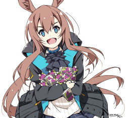 Rule 34 | 1girl, amiya (arknights), animal ears, arknights, ascot, black jacket, blue eyes, brown hair, carrying, dutch angle, frilled ascot, frills, hair between eyes, hood, hooded jacket, jacket, jewelry, looking at viewer, multiple rings, neck ring, open clothes, open jacket, pleated skirt, rabbit ears, ring, shikei, skirt, solo, thumb ring, white background