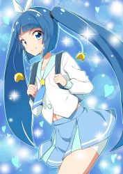 Rule 34 | 1girl, backpack, bag, blue background, blue eyes, blue hair, blue neckwear, blue skirt, blunt bangs, breast pocket, closed mouth, collarbone, commentary request, cowboy shot, hair ornament, hair ribbon, heart, highres, holding strap, long hair, long sleeves, looking at viewer, mascot, navel, nipako, pocket, ribbon, school uniform, shirt, shorts, shorts under skirt, sidelocks, skirt, smile, solo, sparkle, standing, star (symbol), twintails, ultimate nipper, v-shaped eyebrows, very long hair, white ribbon, white shirt, white shorts, yuto (dialique)