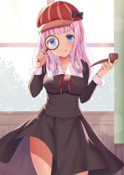Rule 34 | 1girl, :q, absurdres, black bow, blue eyes, blunt bangs, blush, bow, breasts, brown dress, cabbie hat, closed mouth, collarbone, collared dress, commentary request, day, dress, fingernails, fujiwara chika, hands up, hat, hat bow, head tilt, highres, holding, holding magnifying glass, holding smoking pipe, indoors, izumo neru, kaguya-sama wa kokurasetai ~tensai-tachi no renai zunousen~, long hair, long sleeves, magnifying glass, medium breasts, neck ribbon, pink hair, red hat, red ribbon, ribbon, school uniform, shuuchiin academy school uniform, smile, smoking pipe, solo, standing, sunlight, tongue, tongue out, window