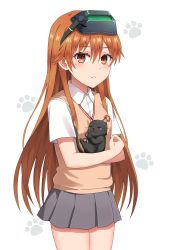 Rule 34 | 1girl, 1other, absurdres, alternate hair length, alternate hairstyle, bad id, bad pixiv id, brown eyes, brown hair, cat, commentary request, empty eyes, grey skirt, head-mounted display, highres, long hair, looking at viewer, misaka imouto, parted lips, paw print, pleated skirt, remoa, school uniform, skirt, solo, sweater vest, toaru kagaku no railgun, toaru majutsu no index, tokiwadai school uniform, v-neck, white background