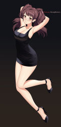 Rule 34 | 1girl, absurdres, armpits, arms behind head, arms up, artist name, bare arms, bare legs, bare shoulders, black dress, black footwear, blush, breasts, brown background, brown eyes, brown hair, chungmechanic, cleavage, closed mouth, collarbone, dress, earrings, full body, glasses, gradient background, high heels, highres, jewelry, kujikawa rise, large breasts, long hair, looking at viewer, pencil dress, persona, persona 4, pink-framed eyewear, short dress, sleeveless, sleeveless dress, smile, solo, twintails