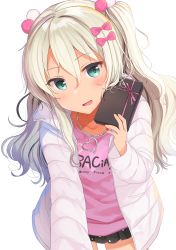 Rule 34 | 1girl, absurdres, black skirt, blonde hair, blue eyes, bow, box, commentary request, gift, gift box, grecale (kancolle), hair between eyes, hair bobbles, hair bow, hair ornament, heart, heart necklace, highres, holding, holding gift, jacket, jewelry, kantai collection, long hair, long sleeves, looking at viewer, miniskirt, necklace, open clothes, open jacket, open mouth, pink bow, pink shirt, pleated skirt, polka dot, polka dot skirt, shirt, simple background, skirt, smile, solo, two side up, valentine, white background, white jacket, yunamaro