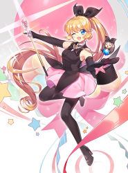 Rule 34 | 1girl, black gloves, black pantyhose, blonde hair, blue eyes, blush, bow, brown hair, closed eyes, cross, elbow gloves, full body, gloves, hair bow, haneoka meimi, hat, holding, holding clothes, holding hat, kaitou saint tail, long hair, looking at viewer, magical girl, nemovo, one eye closed, open mouth, pantyhose, pink ribbon, pink skirt, ribbon, ruby (kaitou saint tail), saint tail, skirt, sleeveless, solo, star (symbol), top hat, unworn hat, unworn headwear, very long hair, wand