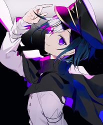 Rule 34 | 1boy, arm up, black background, black cape, black hair, black hat, blue hair, buttons, cape, closed mouth, danganronpa (series), danganronpa v3: killing harmony, from side, gradient background, grey background, grey jacket, hat, highres, huyuharu0214, jacket, looking at viewer, multicolored hair, oma kokichi, peaked cap, pink hair, purple eyes, smile, solo, torn cape, torn clothes
