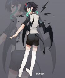 Rule 34 | 1boy, alternate costume, aqua hair, ass, black hair, black shorts, black tail, black wings, braided sidelock, crossdressing, demon horns, demon tail, demon wings, feet, full body, genshin impact, gradient hair, green eyes, grey background, grey vest, highres, horns, kneepits, legs, looking at viewer, looking back, male focus, multicolored hair, no shoes, parted bangs, red horns, shadow, short hair with long locks, short shorts, short sleeves, shorts, single horn, solo, swept bangs, tail, tcsalmon, thighhighs, toes, trap, twitter username, venti (genshin impact), vest, white thighhighs, wings, zoom layer