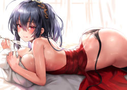 Rule 34 | 1girl, :p, absurdres, ahoge, ass, azur lane, bare back, bare shoulders, black hair, black panties, blush, breasts, butt crack, champagne flute, cleavage, cocktail dress, commentary, cup, denchu (kazudentyu), dress, drinking glass, hair between eyes, hair ornament, highres, large breasts, long hair, looking at viewer, lying, no bra, official alternate costume, on stomach, panties, pouring, pouring onto self, red dress, red eyes, side-tie panties, solo, taihou (azur lane), taihou (forbidden feast) (azur lane), tongue, tongue out, underwear, untied panties, very long hair