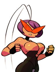 Rule 34 | 1girl, antennae, bad id, bad tumblr id, bare shoulders, black torch, bodysuit, breasts, choker, clenched hands, fallout (black torch), fingerless gloves, gloves, impossible clothes, kamina shades, large breasts, noill, pantyhose, purple hair, short hair, solo
