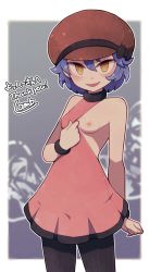 Rule 34 | 1girl, black pantyhose, blouse, breasts, brown hat, commission, creatures (company), dress, game freak, hair between eyes, hat, highres, lamb-oic029, looking at viewer, nadja (pokemon), nintendo, nipples, open mouth, pantyhose, pink shirt, pokemon, pokemon duel, purple hair, shirt, short hair, skeb commission, small breasts, smile, solo, thank you, yellow eyes