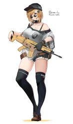 Rule 34 | 1girl, assault rifle, belt, black gloves, black hat, black thighhighs, blonde hair, blue eyes, bra strap, breasts, brown footwear, cleavage, contrapposto, denim, denim shorts, fn scar, full body, girls&#039; frontline, gloves, grey shirt, gun, hair ornament, hat, highres, holding, holding gun, holding weapon, jewelry, large belt, large breasts, looking at viewer, looking over eyewear, looking over glasses, micro shorts, microphone, necklace, off-shoulder shirt, off shoulder, original, pandea work, parted lips, rifle, round eyewear, scar-l, shirt, shoes, shorts, simple background, single glove, solo, standing, star (symbol), star hair ornament, sunglasses, thighhighs, tinted eyewear, weapon, white background, wristband