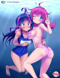 Rule 34 | 2girls, :i, ahoge, air bubble, artist name, ass, barefoot, bikini, blue eyes, blush, breasts, breath, bubble, butt crack, covered erect nipples, crimsonbugeye, freediving, hand on another&#039;s back, highres, holding breath, large breasts, long hair, multicolored hair, multiple girls, my little pony, my little pony: friendship is magic, new school swimsuit, one eye closed, personification, pink hair, pinkie pie, polly parks, purple eyes, school swimsuit, sideboob, sidelocks, starswirl academy, streaked hair, swimsuit, tai saito, twilight sparkle, underwater, v, watermark