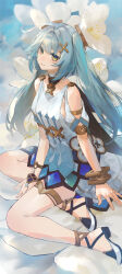 Rule 34 | 1girl, absurdres, aqua hair, bare legs, bare shoulders, blue background, bracelet, clothing cutout, detached sleeves, dress, faruzan (genshin impact), flower, genshin impact, green eyes, hair ornament, highres, jewelry, looking at viewer, neck ring, parted lips, short sleeves, shoulder cutout, sitting, smile, solo, swkl:d, symbol-shaped pupils, thighlet, thighs, triangle-shaped pupils, twintails, white dress, white flower, x hair ornament, yokozuwari