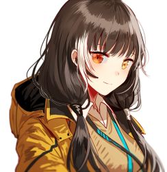 Rule 34 | 1girl, black hair, blush, cardigan, closed mouth, collared shirt, commentary request, girls&#039; frontline, headset, heterochromia, hood, hood down, hooded jacket, jacket, lanyard, long hair, looking at viewer, multicolored hair, open clothes, open jacket, orange eyes, ro635 (girls&#039; frontline), shirt, sidelocks, silence girl, simple background, smile, solo, streaked hair, twintails, upper body, white background, white hair, white shirt, yellow eyes