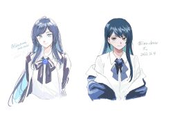 Rule 34 | 1girl, ado (utaite), adochansukisuki, black bow, black bowtie, black jacket, blue eyes, blue flower, blue hair, blue rose, blush, bow, bowtie, chando (ado), closed mouth, cloud nine inc, collaboration, collared shirt, colored inner hair, commentary request, cropped torso, dated, dress shirt, flower, flower brooch, highres, inu draw, jacket, light blue hair, long hair, looking at viewer, making-of available, mole, mole under eye, multicolored hair, multiple views, off shoulder, rose, shirt, simple background, twitter username, upper body, utaite, white background, white shirt