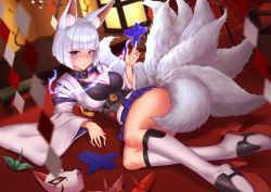 Rule 34 | 1girl, animal ears, azur lane, bad id, bad pixiv id, blue eyes, blunt bangs, blush, breasts, choker, cleavage, fox ears, fox mask, fox tail, japanese clothes, kaga (azur lane), large breasts, looking at viewer, mask, multiple tails, parted lips, ryuinu, shikigami, short hair, smile, solo, tail, white hair, wide sleeves