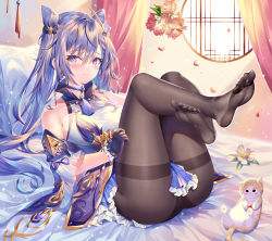 Rule 34 | 1girl, absurdres, bare shoulders, bed, black pantyhose, blue dress, blue neckwear, blush, bow, breasts, cat, chinese clothes, choker, closed mouth, crossed legs, curtains, detached sleeves, double bun, dress, feet, feet up, flower, full body, genshin impact, gloves, hair between eyes, hair bow, hair bun, hair ornament, highres, indoors, keqing (genshin impact), long hair, looking at viewer, lying, medium breasts, on back, pantyhose, pillow, purple gloves, purple hair, shan far, smile, thighs