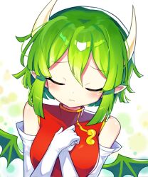 Rule 34 | 1girl, blush, china dress, chinese clothes, closed mouth, draco centauros, dragon girl, dragon horns, dragon wings, dress, elbow gloves, gloves, green hair, highres, horns, offbeat, pointy ears, puyopuyo, red dress, short hair, sleeveless, sleeveless dress, solo, upper body, white gloves, wings