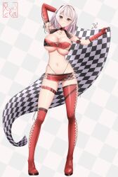 Rule 34 | 1girl, absurdres, asymmetrical gloves, asymmetrical legwear, azur lane, bikini, boots, breasts, checkered background, checkered flag, commission, cross-laced bikini, cross-laced clothes, cross-laced footwear, cross-laced gloves, cross-laced skirt, elbow gloves, flag, gloves, highres, holding, holding flag, large breasts, race queen, red eyes, red footwear, red gloves, ryncka, sirius (azur lane), skirt, swimsuit, thigh boots, uneven gloves, uneven legwear