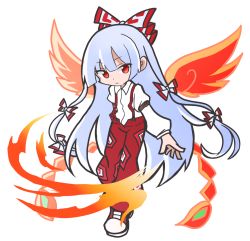 Rule 34 | 1girl, bow, closed mouth, collared shirt, fiery wings, fujiwara no mokou, full body, hair bow, long hair, long sleeves, looking at viewer, multiple bows, ofuda, ofuda on clothes, pants, puyopuyo, red eyes, red footwear, red pants, shinmon akika, shirt, simple background, solo, suspenders, touhou, white background, white hair, white shirt, wings
