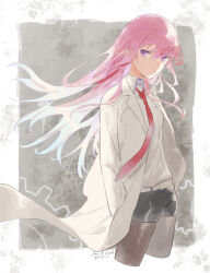 Rule 34 | 1girl, collared shirt, cropped legs, expressionless, floating hair, hands in pockets, highres, lab coat, long hair, looking at viewer, makise kurisu, necktie, pantyhose, pantyhose under shorts, purple eyes, purple hair, red necktie, rocni, shirt, short shorts, shorts, solo, steins;gate, wind