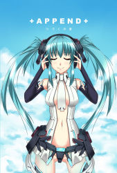 Rule 34 | 1girl, aqua hair, bad id, bad pixiv id, bridal gauntlets, center opening, closed eyes, cloud, day, hands on headphones, hatsune miku, hatsune miku (append), long hair, navel, necktie, no panties, shirokuma a, sky, smile, solo, twintails, vocaloid, vocaloid append