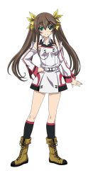 Rule 34 | 10s, 1girl, black socks, brown hair, detached sleeves, full body, green eyes, hair ribbon, hand on own hip, highres, huang lingyin, infinite stratos, kneehighs, long hair, looking at viewer, ribbon, smile, socks, solo, transparent background, twintails, yellow ribbon
