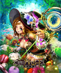 Rule 34 | 10s, 1girl, aqua eyes, bare shoulders, bell pepper, blonde hair, blush, breasts, cauliflower, cleavage, detached sleeves, flask, flower, food, fruit, hat, hat flower, hat ornament, lan feng, leaning forward, lettuce, long hair, looking at viewer, mandarin orange, metal bra, one eye closed, onion, open mouth, pepper, potion, shingeki no bahamut, smile, solo, squash, staff, tree, witch hat, wrist cuffs