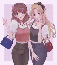 Rule 34 | 2girls, alternate costume, bag, blonde hair, blouse, border, bow, brown hair, casual, cowboy shot, drop earrings, earrings, elbow carry, eyelashes, fingernails, fingers to mouth, green eyes, hair bow, hand on another&#039;s shoulder, hand on another&#039;s thigh, handbag, heart, heart necklace, high-waist pants, highres, idolmaster, idolmaster cinderella girls, index finger raised, jewelry, kakaki 28, kiryu tsukasa (idolmaster), lips, long hair, multiple girls, nail polish, necklace, pants, parted lips, pink background, pink eyes, pink nails, sakuma mayu, shirt, twintails, white border