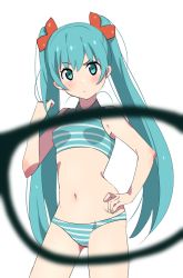 Rule 34 | 00s, 1girl, aqua eyes, aqua hair, blush, bra, breasts, closed mouth, cowboy shot, furuyama itaru, glasses, hair ribbon, hand on own hip, hatsune miku, highres, long hair, looking at viewer, matching hair/eyes, navel, panties, ribbon, simple background, small breasts, solo, standing, striped bra, striped clothes, striped panties, twintails, underwear, very long hair, vocaloid, white background, x-ray, x-ray glasses, x-ray vision