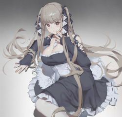 Rule 34 | 1girl, arm up, azur lane, black dress, blonde hair, blush, breasts, cleavage, dress, formidable (azur lane), full body, guihuo inferno, hair ribbon, hand on floor, highres, large breasts, long hair, long sleeves, looking at viewer, lying, on side, open mouth, pantyhose, parted lips, red eyes, ribbon, simple background, solo, twintails, white pantyhose
